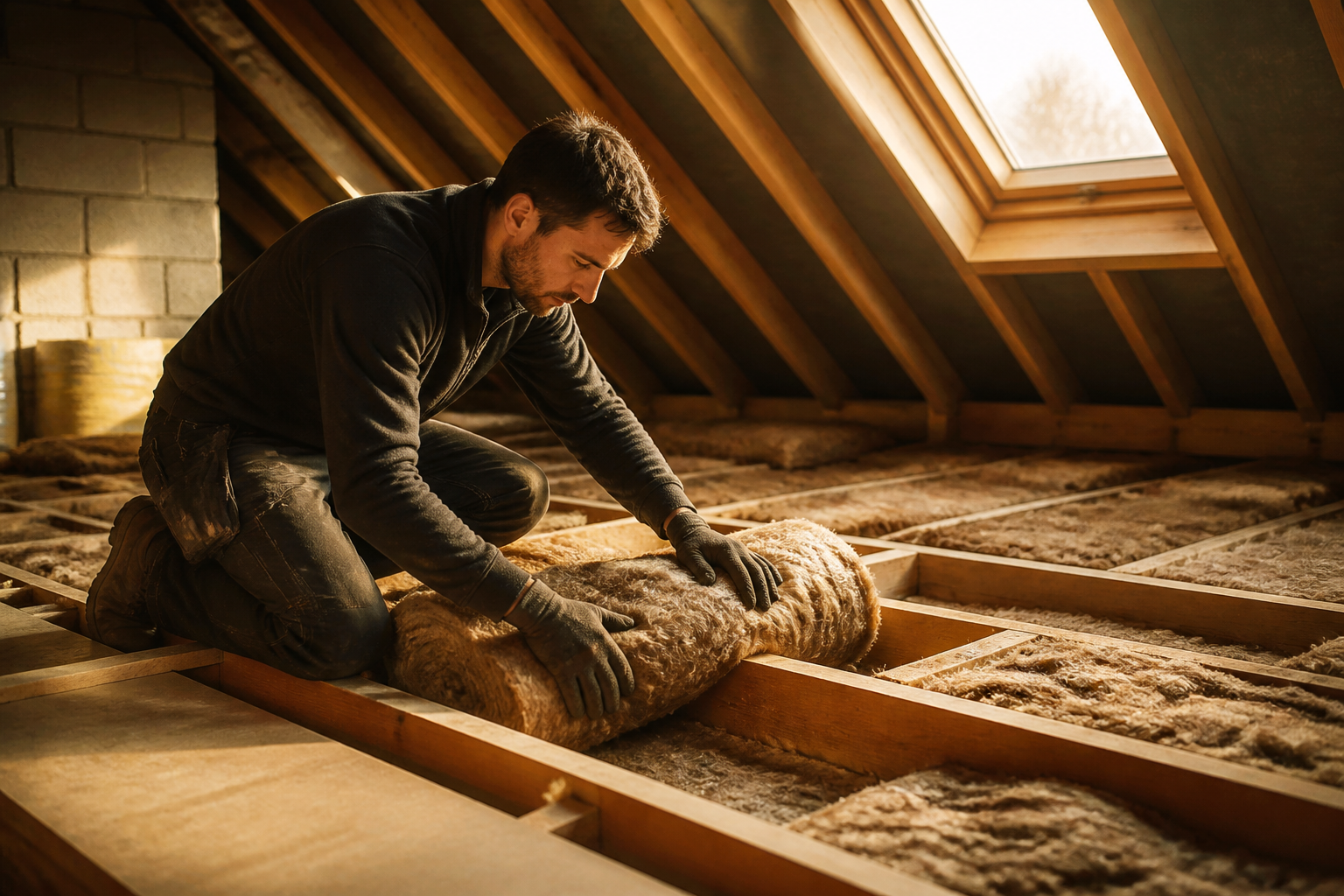 Installer laying rolls of mineral wool loft insulation between ceiling joists in a home attic.