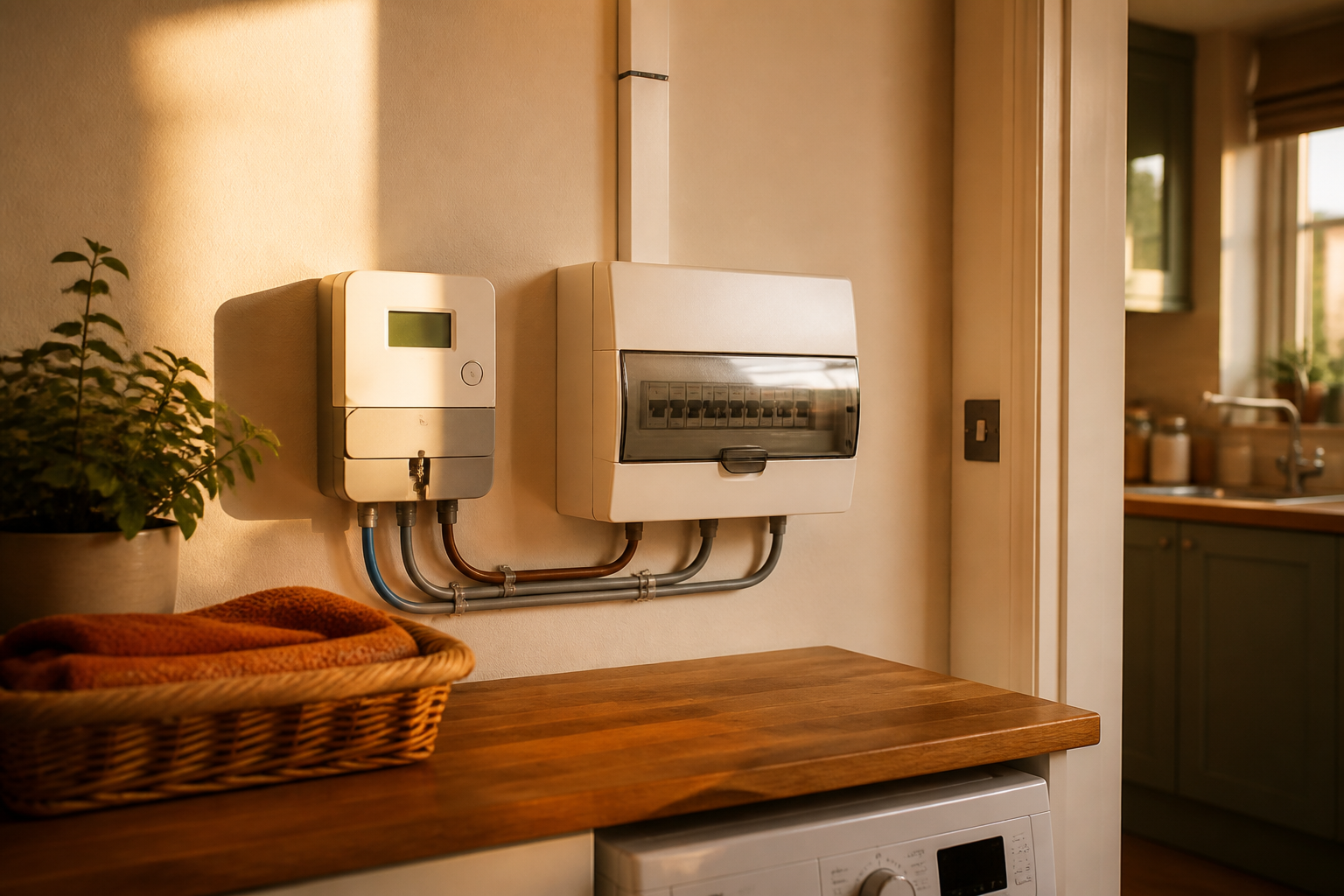 A close-up view of a modern domestic electricity meter installed inside a UK property.