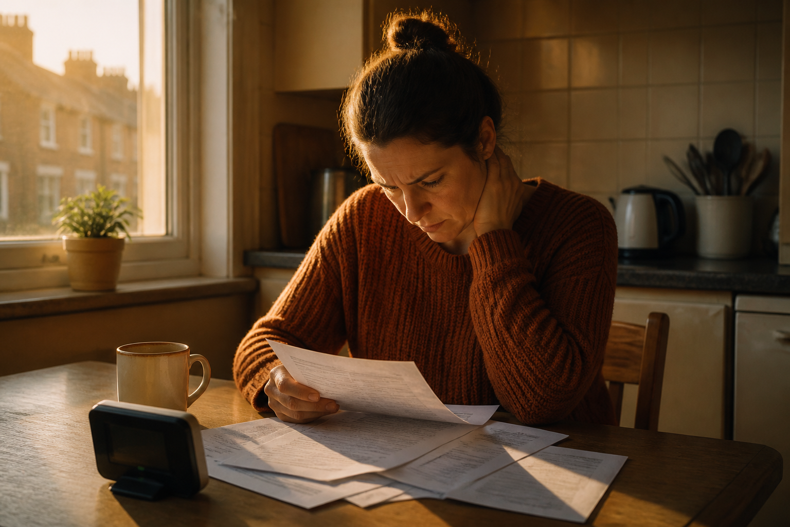 A person reviewing paper bills and a digital smart meter display on a kitchen table in a UK home.