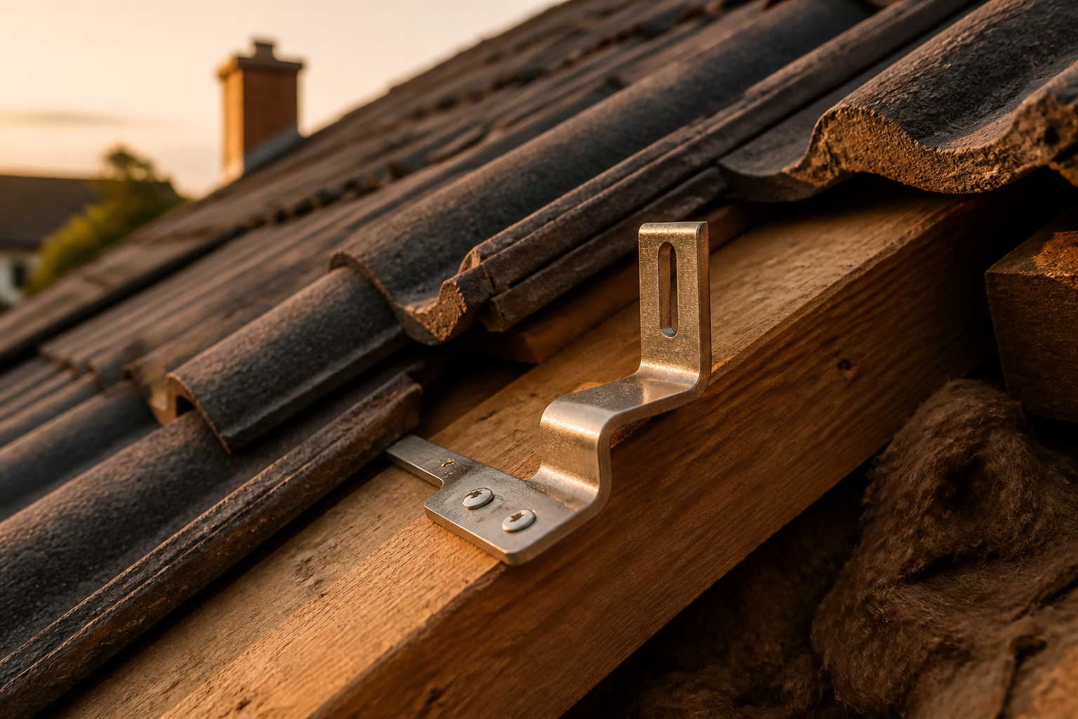 Close-up of a stainless steel solar roof hook fixed to a timber rafter beneath roof tiles.