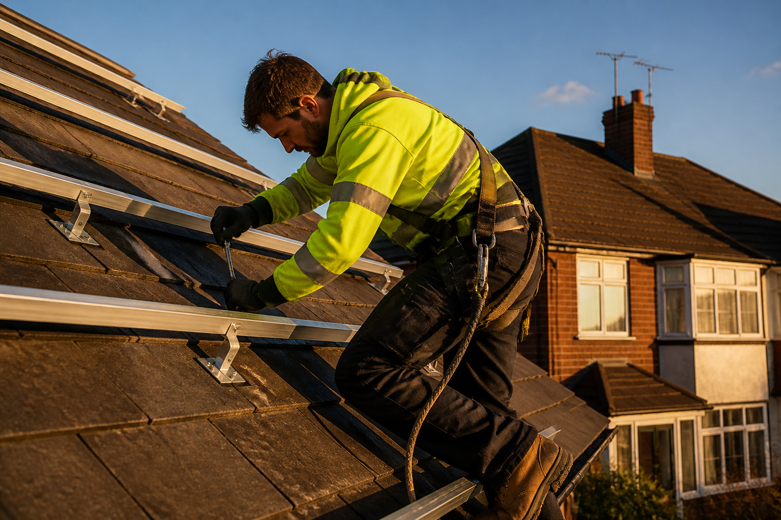 A solar installer securing mounting rails on a pitched slate roof of a UK house.