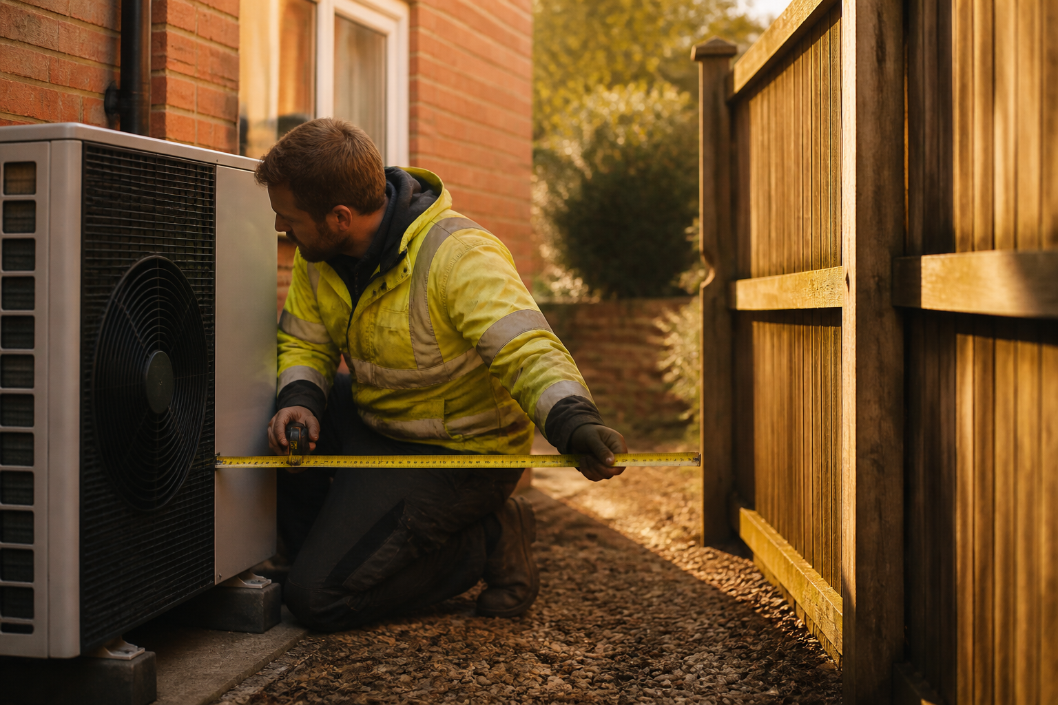 An installer measuring the distance between a heat pump outdoor unit and a boundary wall.