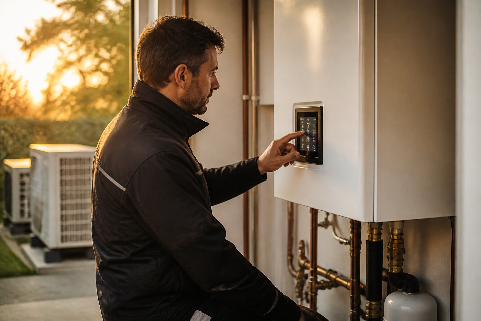A qualified UK installer inspecting controls on a domestic heat pump system.