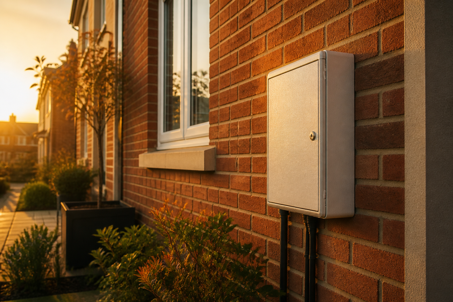 External domestic utility meter box on a British residential property.