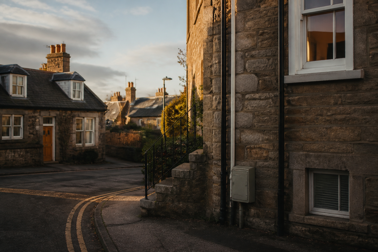 Scottish stone terraced houses with clear rooflines and domestic utility fittings.