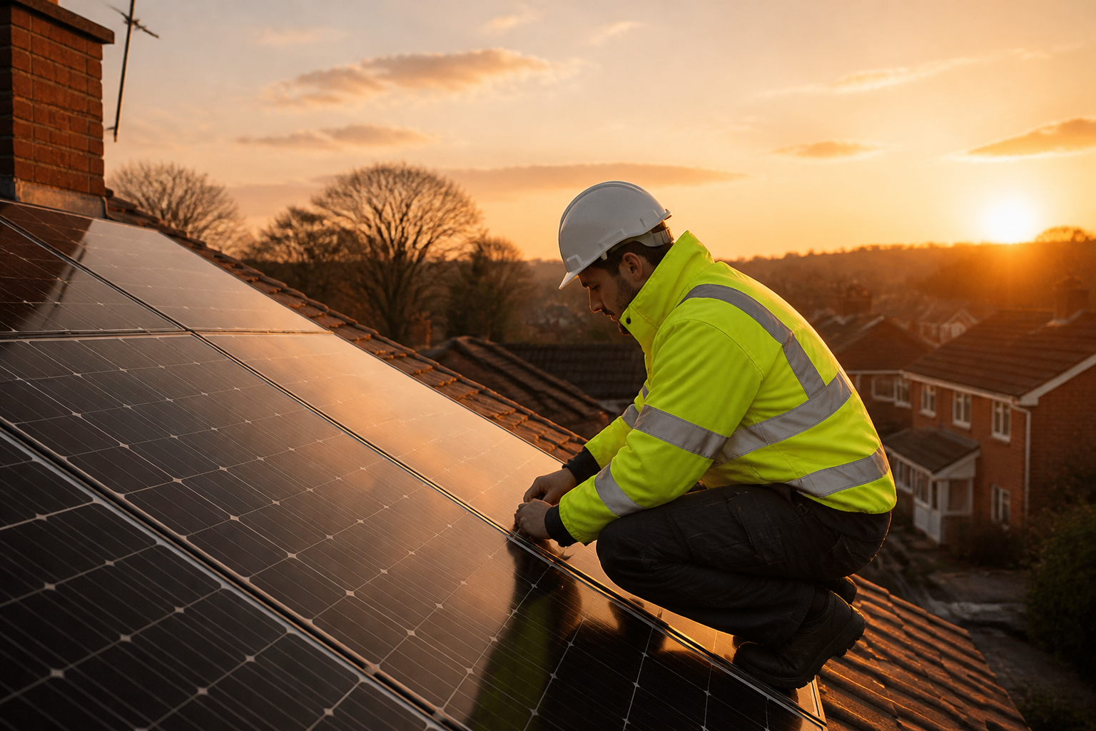An engineer in high-visibility clothing inspecting rooftop solar panels on a British house.