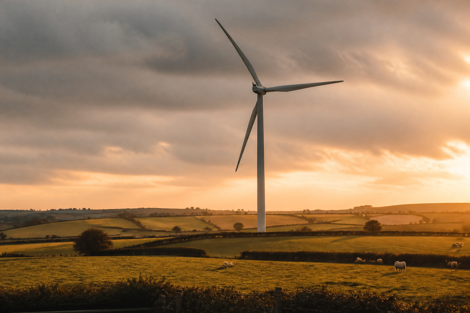 A large commercial wind turbine standing in a rural green field in the UK under a grey sky.