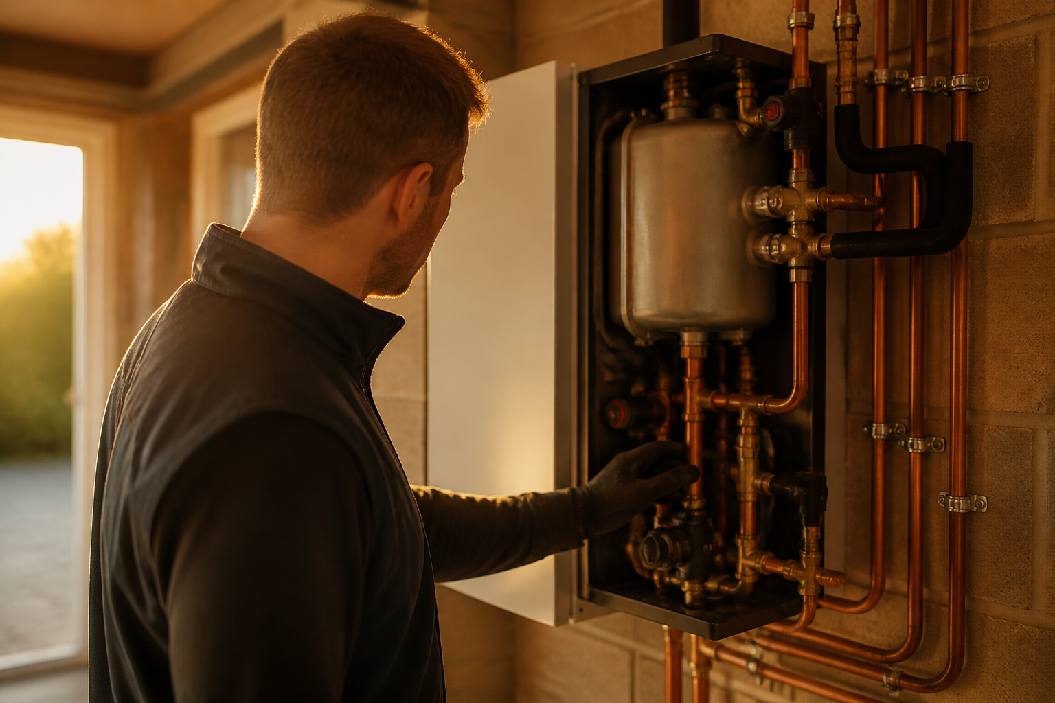 Heating technician inspecting an indoor heat pump hydrobox unit.