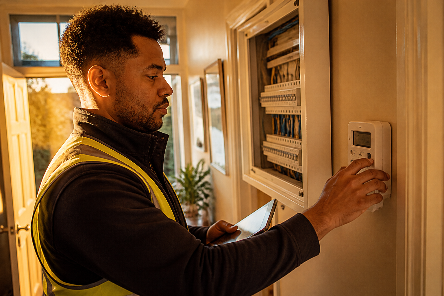 An electrician checking a home smart meter and electrical distribution board.
