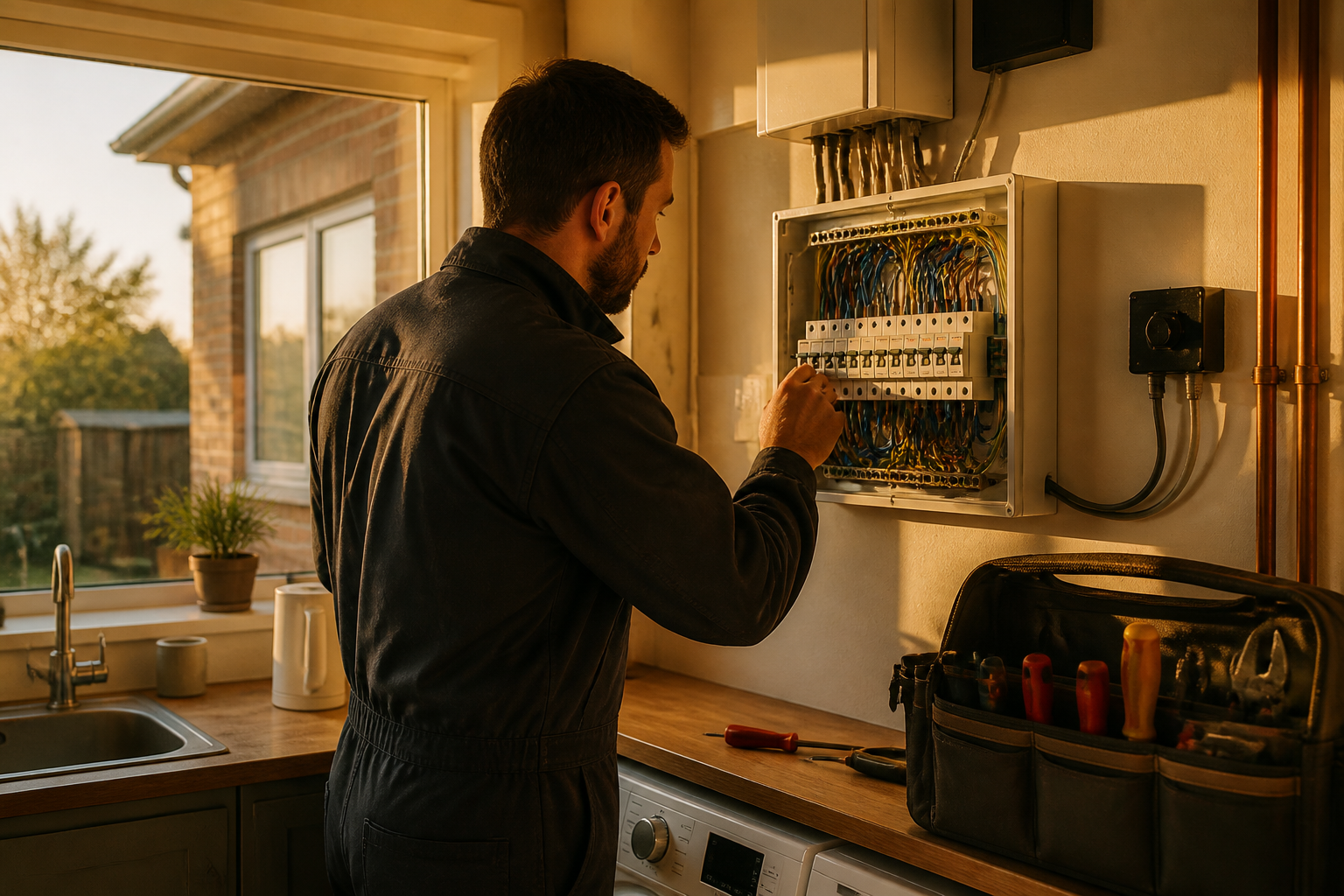 An accredited electrician inspecting a domestic fuse box for a home energy installation.