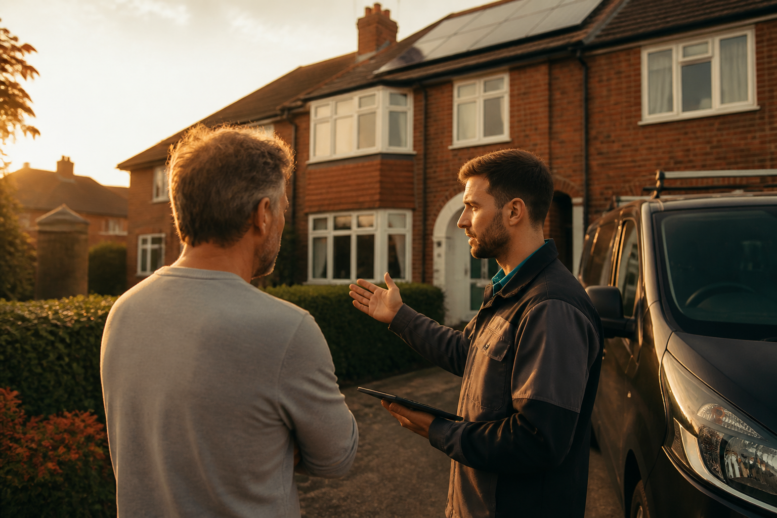 A home installer holding a clipboard and discussing solar panel options with a UK householder outside a modern brick home.