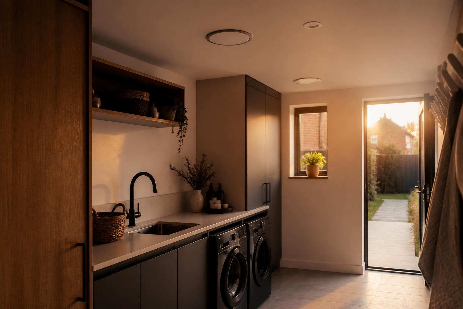 A modern domestic utility room with clean ventilation ductwork and ceiling vents