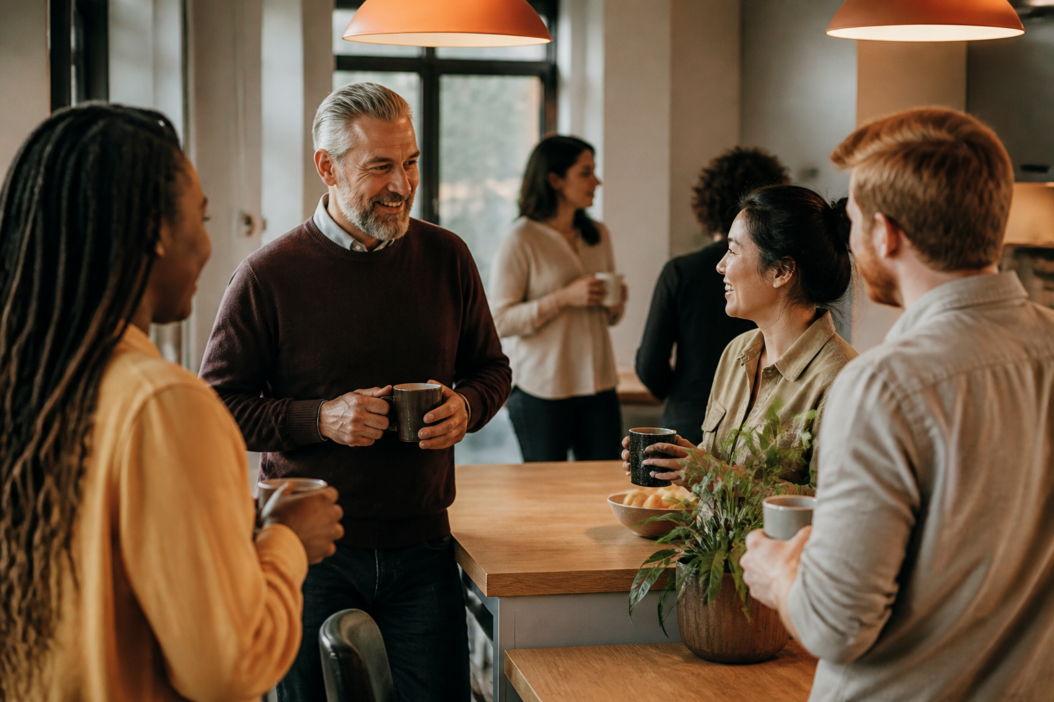 Workplace colleagues chatting around a kitchen island during a morning break.