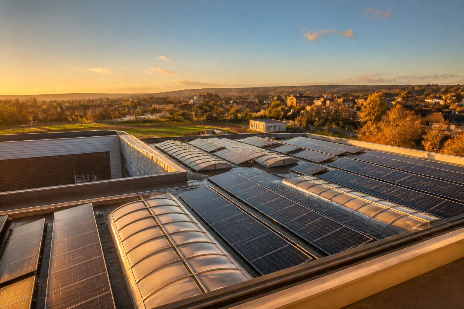 Rooftop solar panel array installed on a public building in the UK.