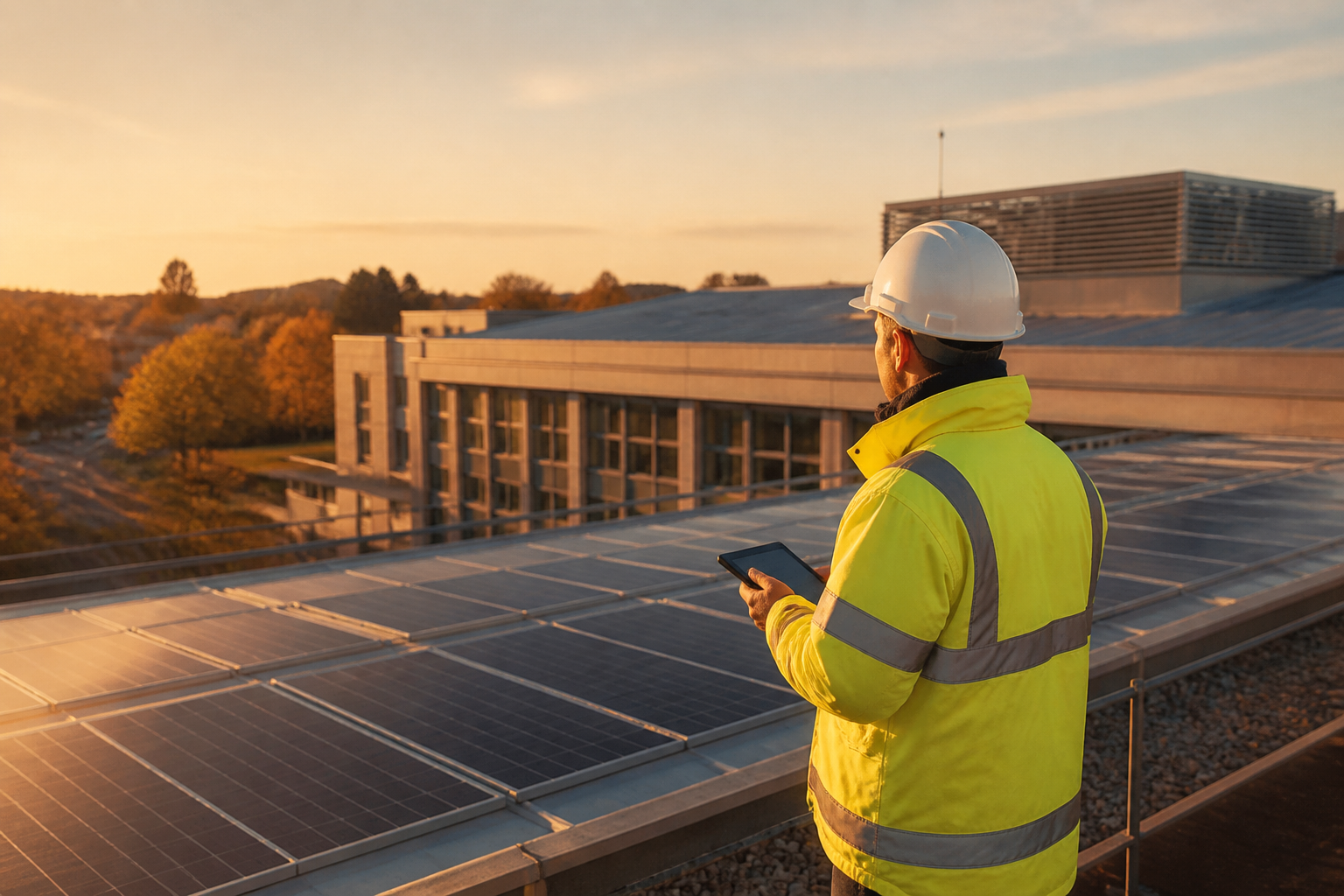 An engineer inspecting modern solar panels on a UK public council building roof.