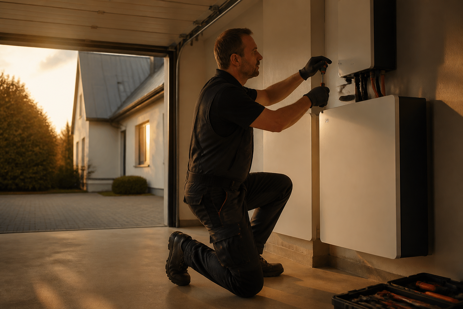 An installer mounting a domestic home battery storage unit in a garage.