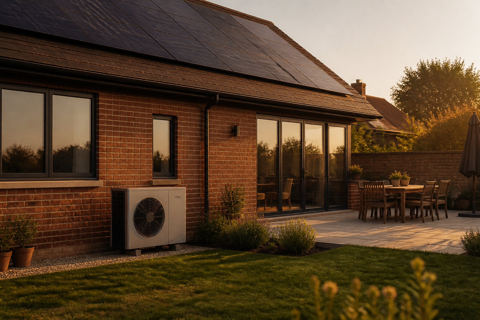Rooftop solar panels and an air source heat pump on a British home