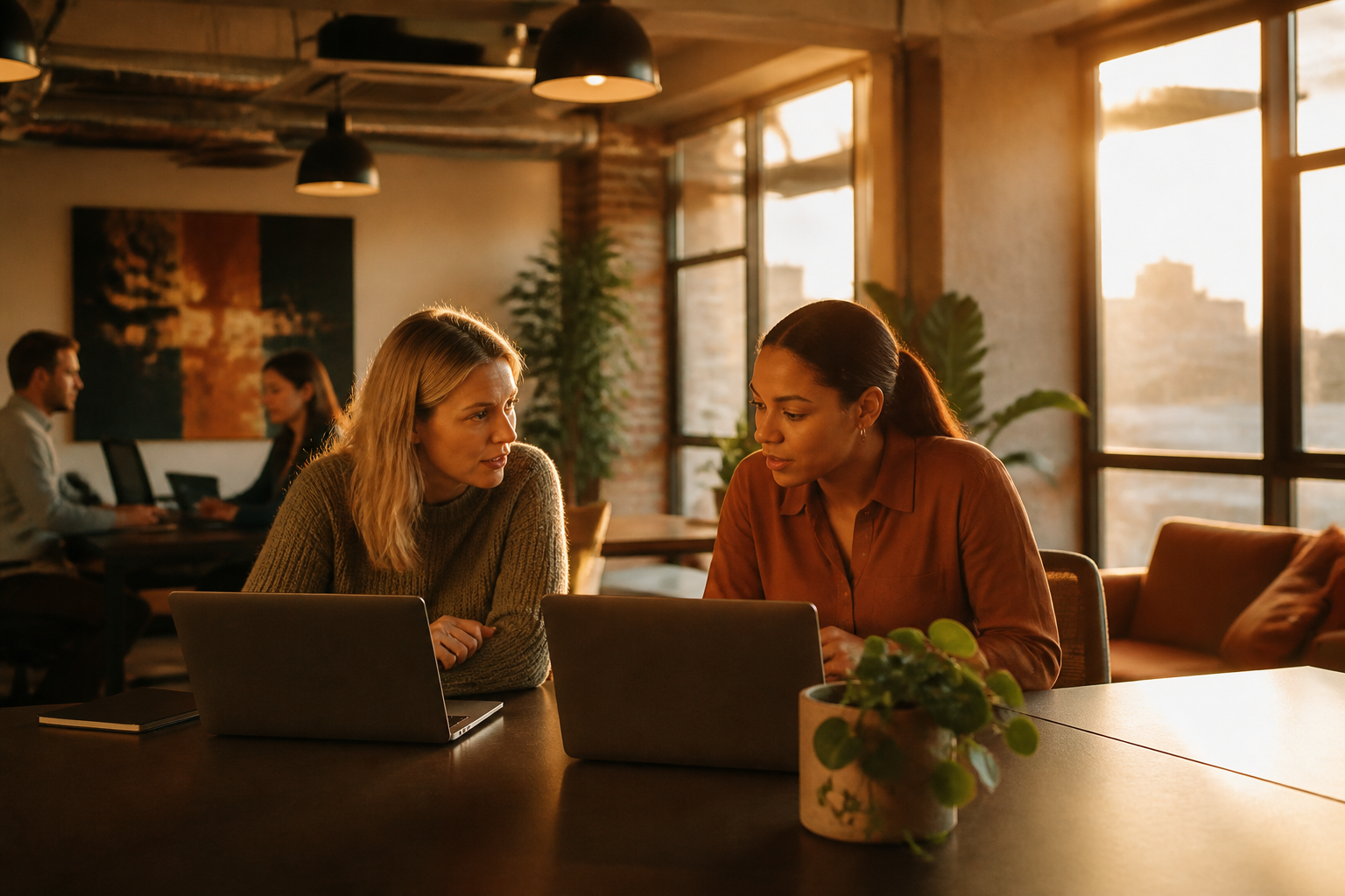 HR managers discussing employee reward programs in a British office