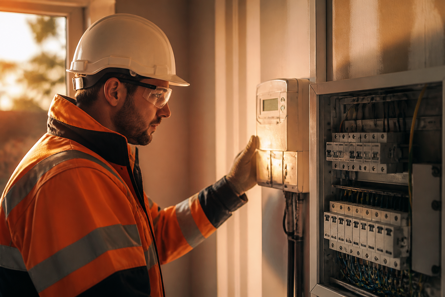 Electrician inspecting a domestic consumer unit and smart meter.