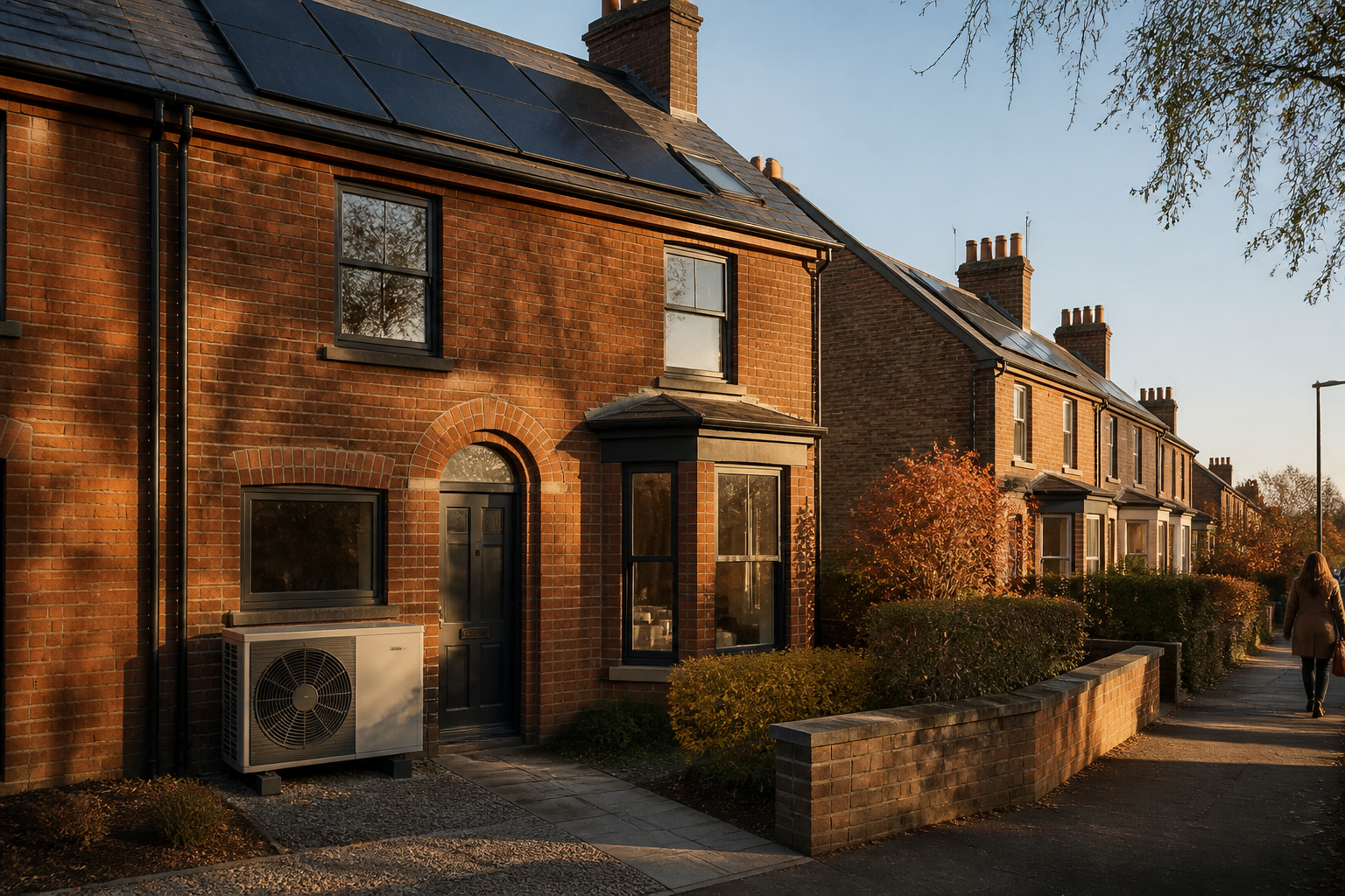 Solar panels on brick house roof with an outdoor heat pump unit.