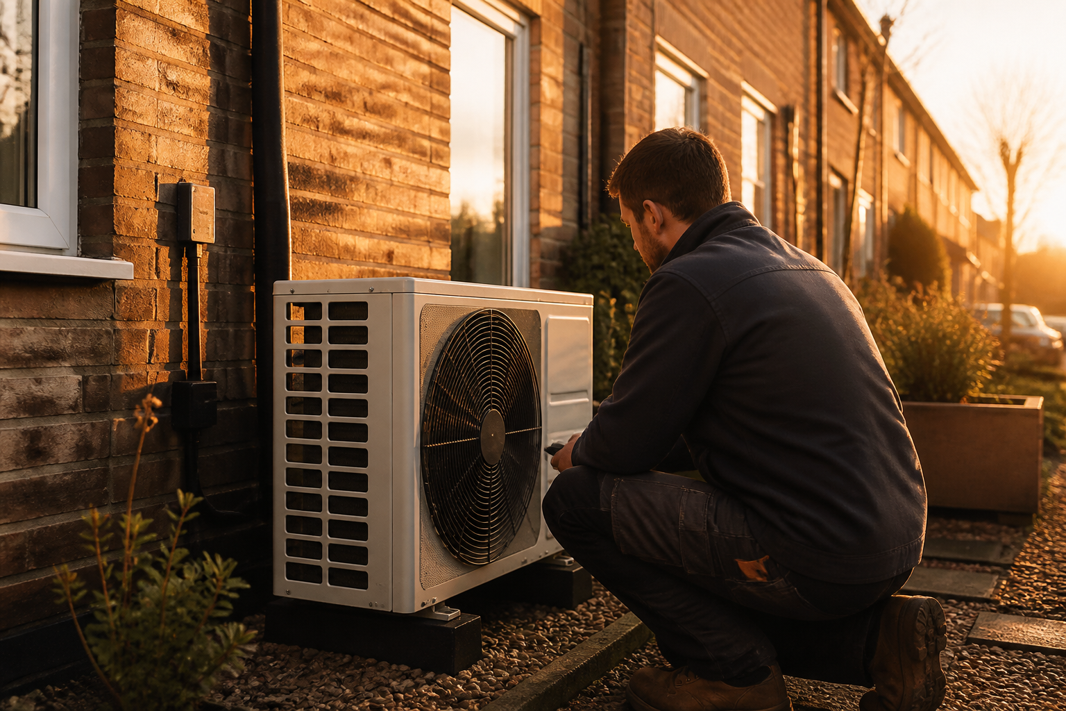 An installer inspecting an outdoor heat pump unit beside a UK house.
