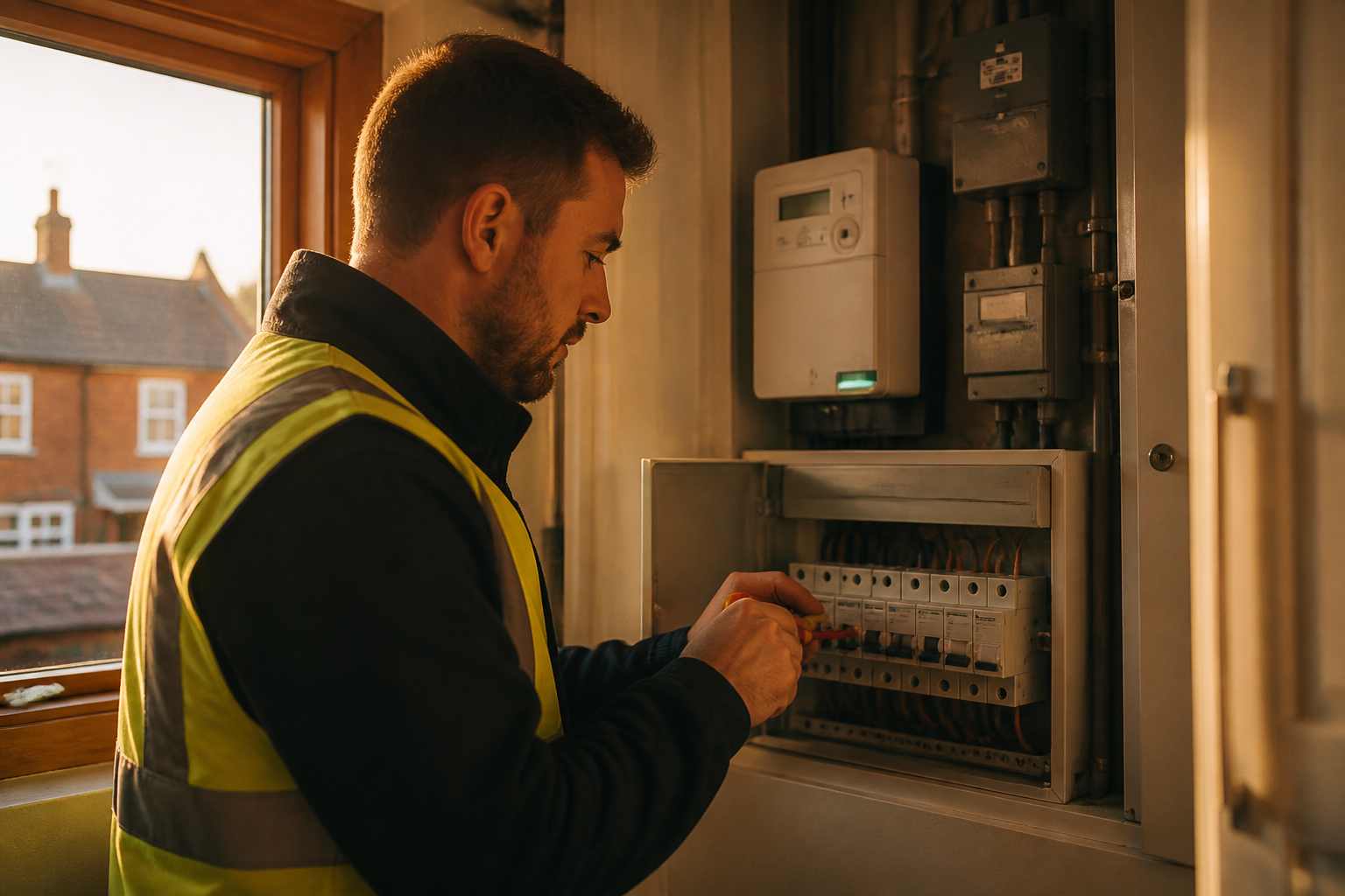 An electrician inspecting a home electrical smart meter and consumer unit in a UK home.