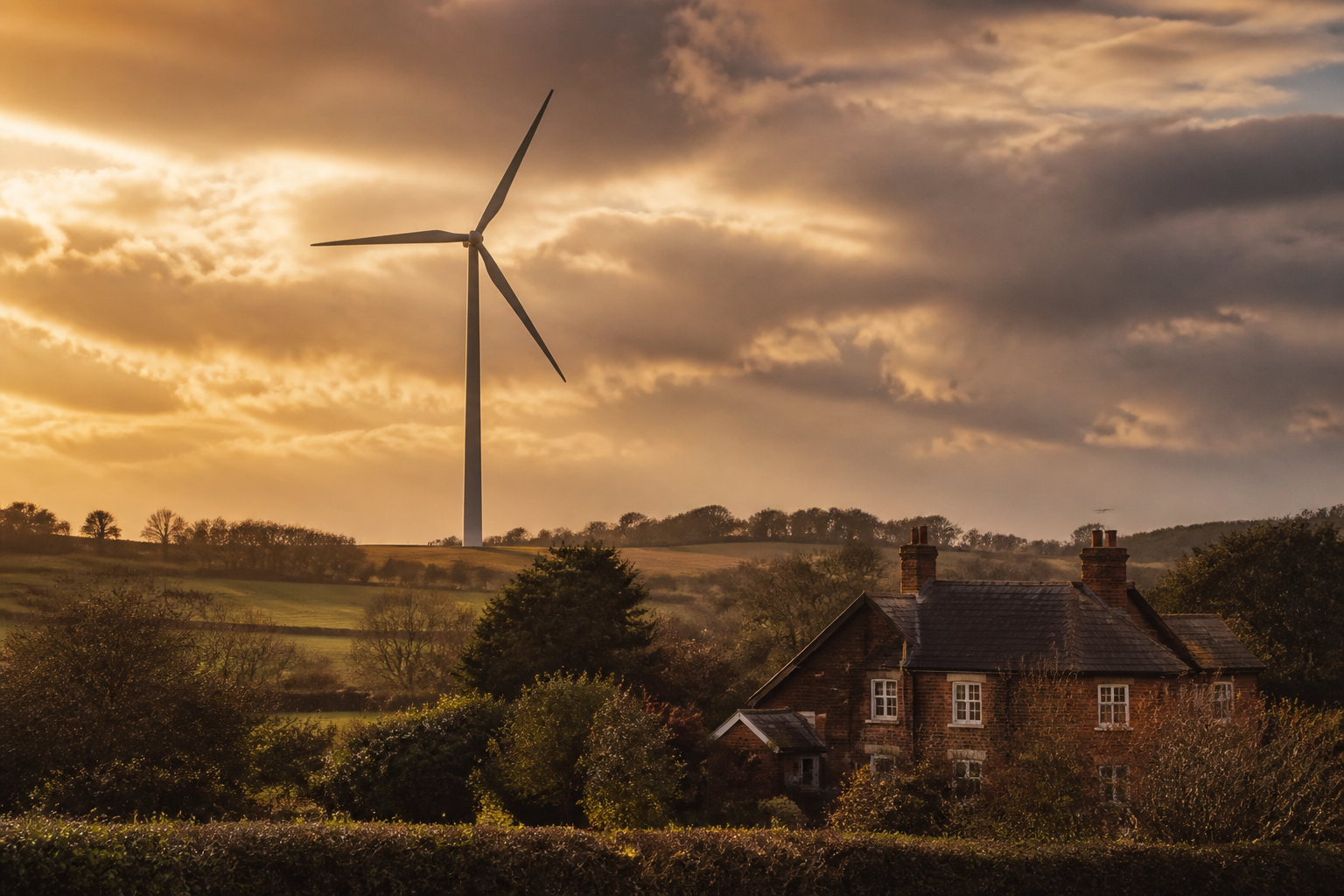 Onshore wind turbine in the British countryside supplying clean energy to nearby residential homes.