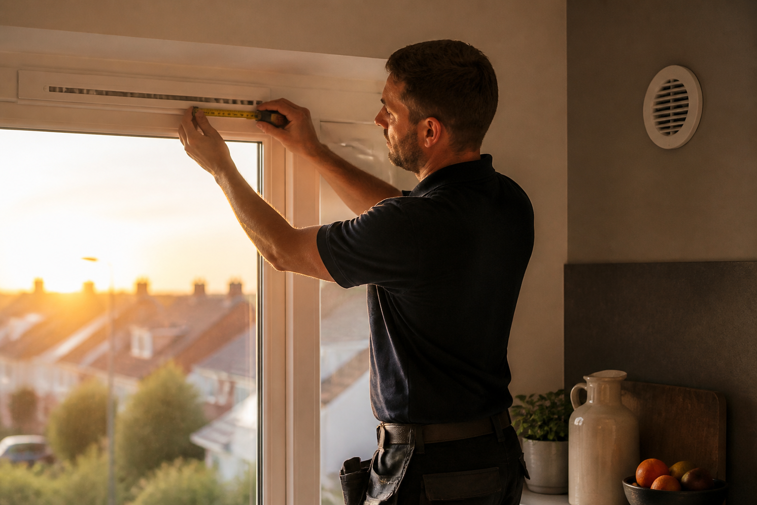 An installer checking background ventilation trickle vents in a modernised UK home.