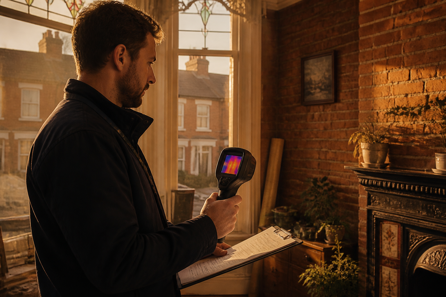 A retrofit assessor inspecting a Victorian house with a thermal imaging camera.
