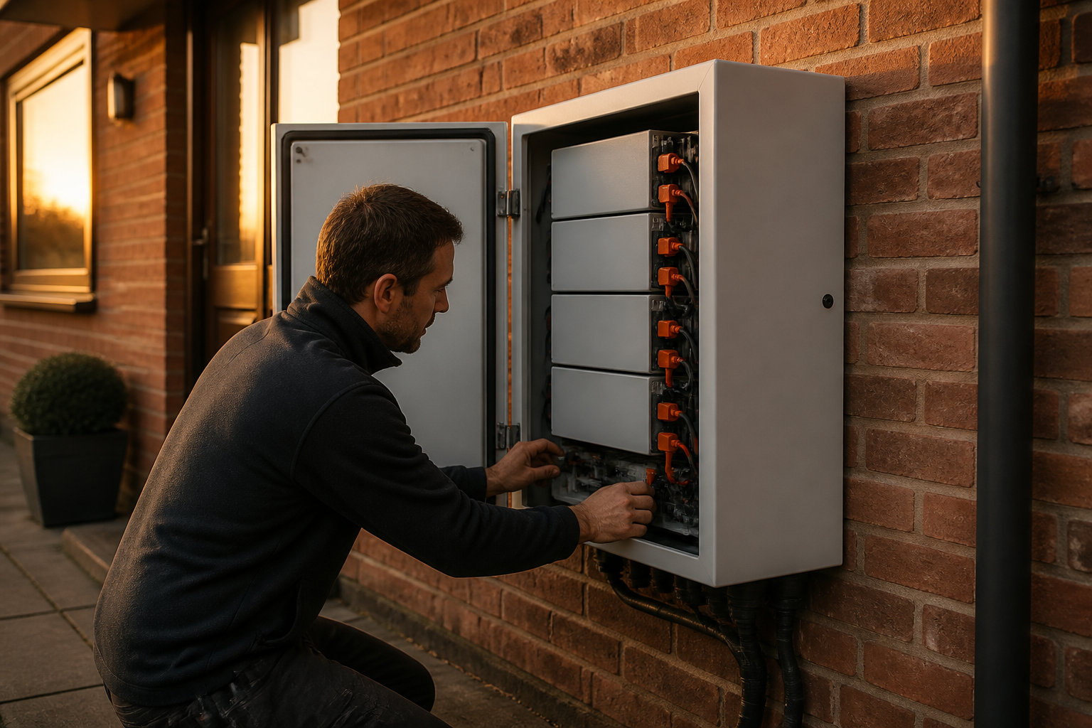 An electrician inspecting an external wall-mounted battery cabinet on a brick house.