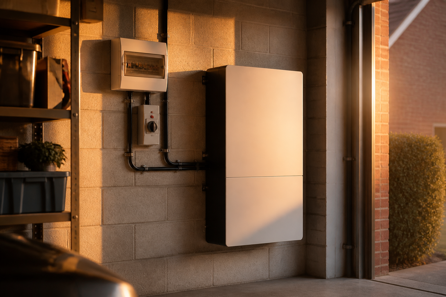 A modern home battery storage system mounted on a garage wall inside a UK house.