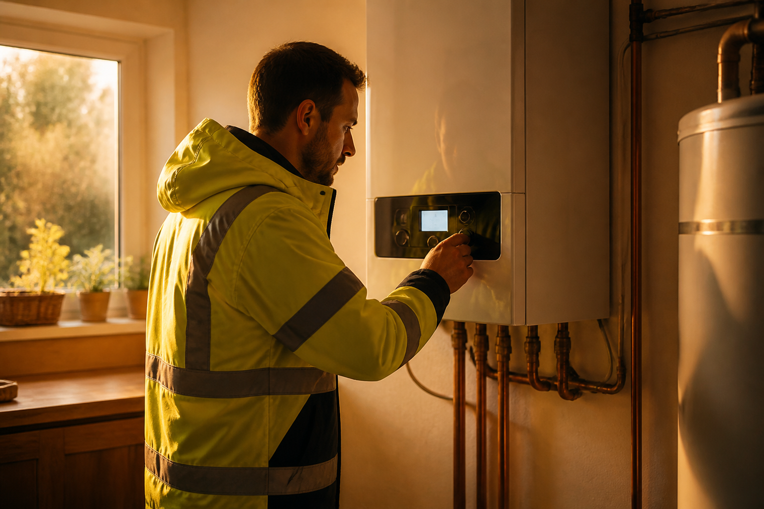 A certified UK heating engineer adjusting an indoor heat pump control unit.