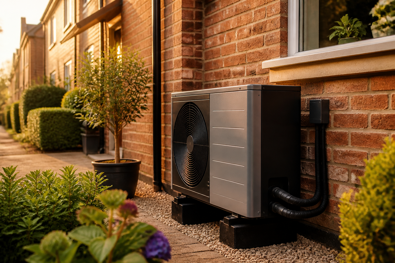 An air source heat pump installed outside a British brick home.