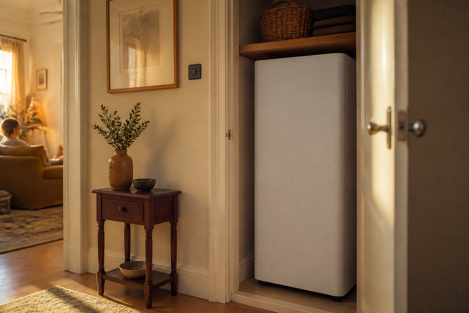 A phase change thermal storage battery unit inside a narrow domestic cupboard