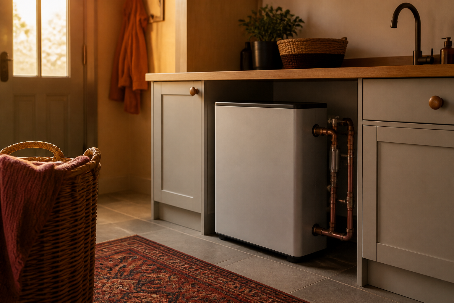 Compact thermal battery installed under a worktop in a UK home utility space