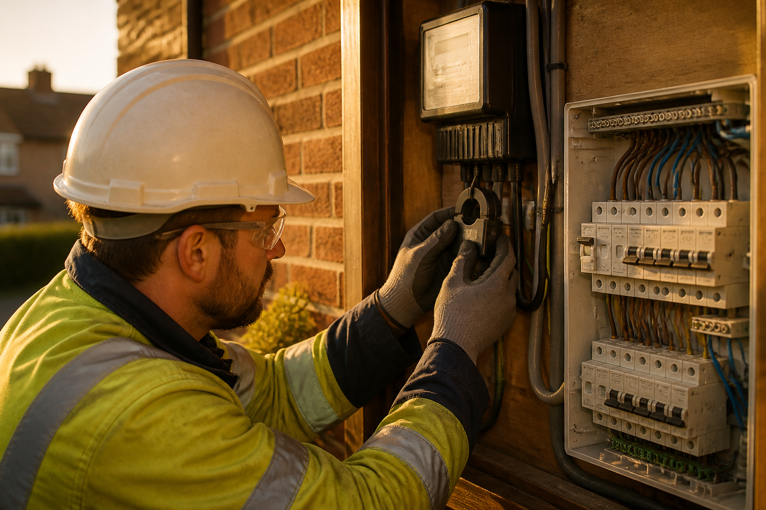 An electrician installing electrical load balancing equipment near a UK domestic meter.