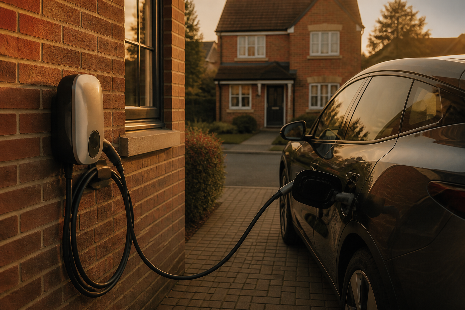 A wall-mounted smart EV charger installed on a brick house wall connected to an electric car in a UK driveway.