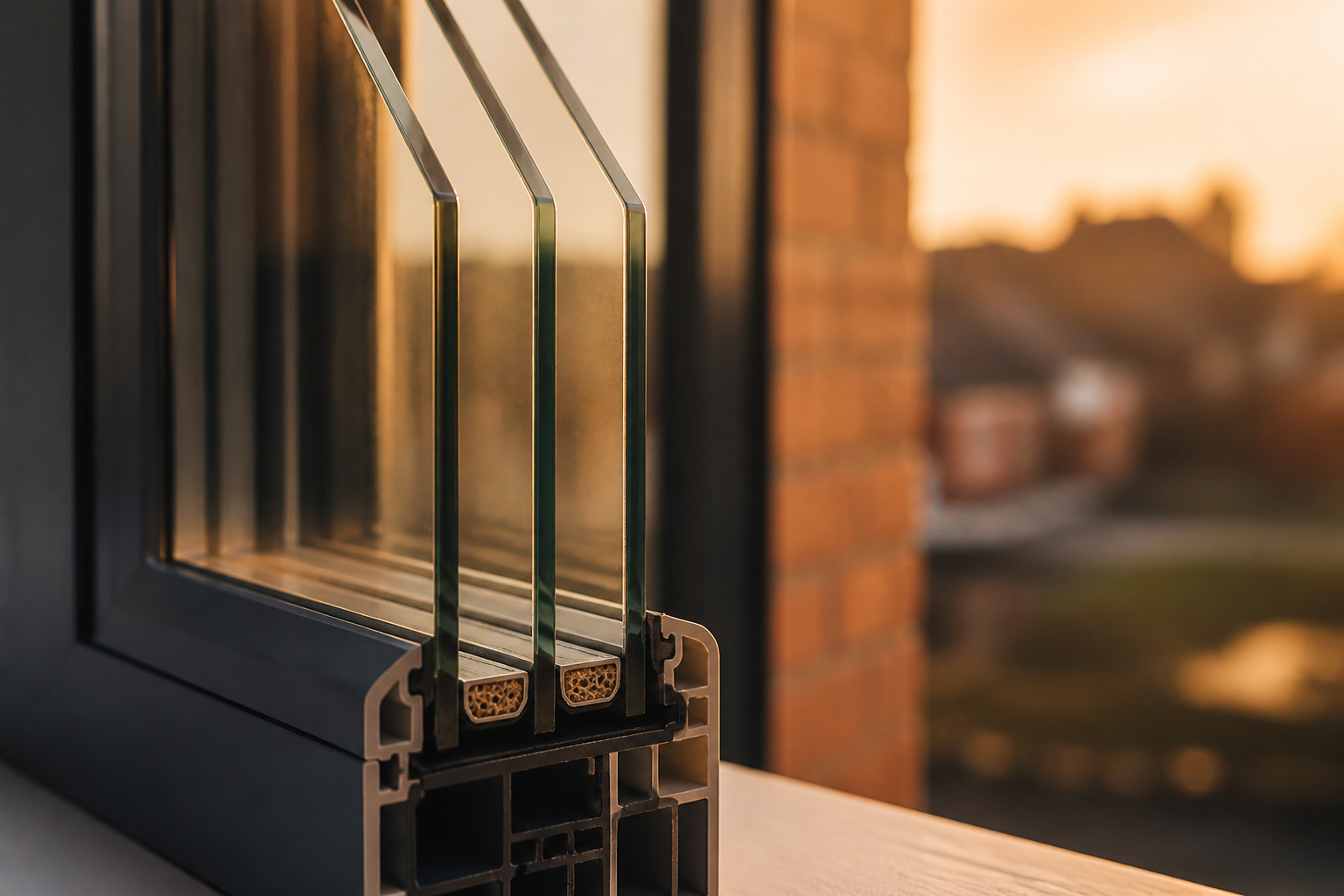 Cross section of a triple glazed glass unit showing three glass panes and argon cavities.