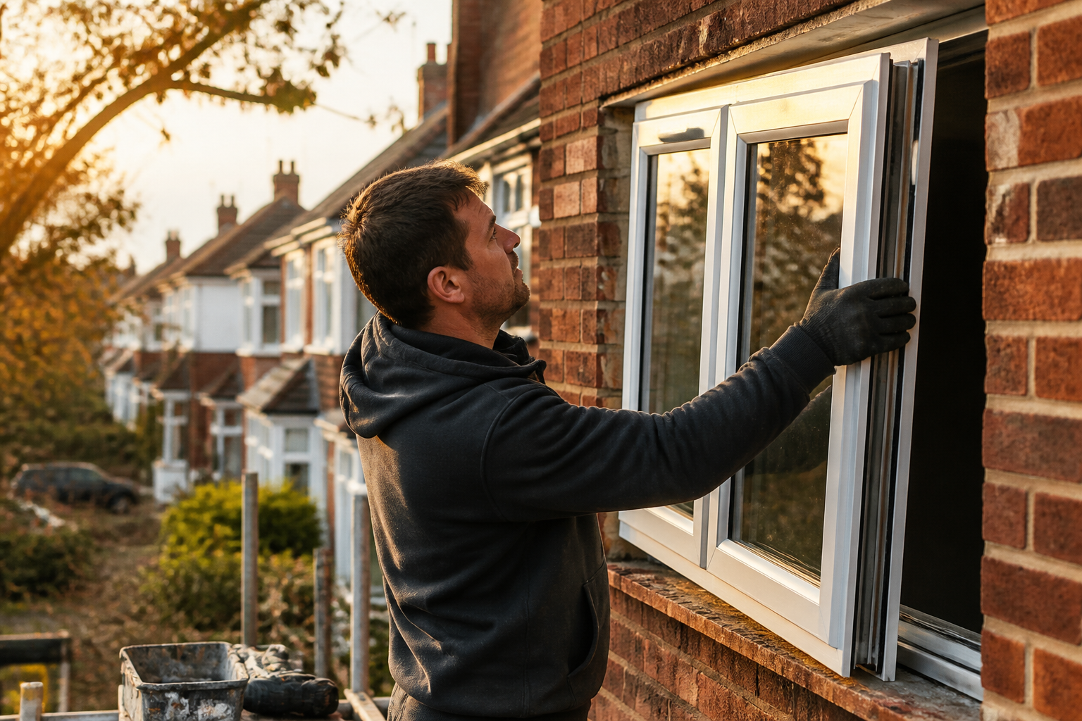 An installer fitting a energy efficient window unit on a red brick UK house.