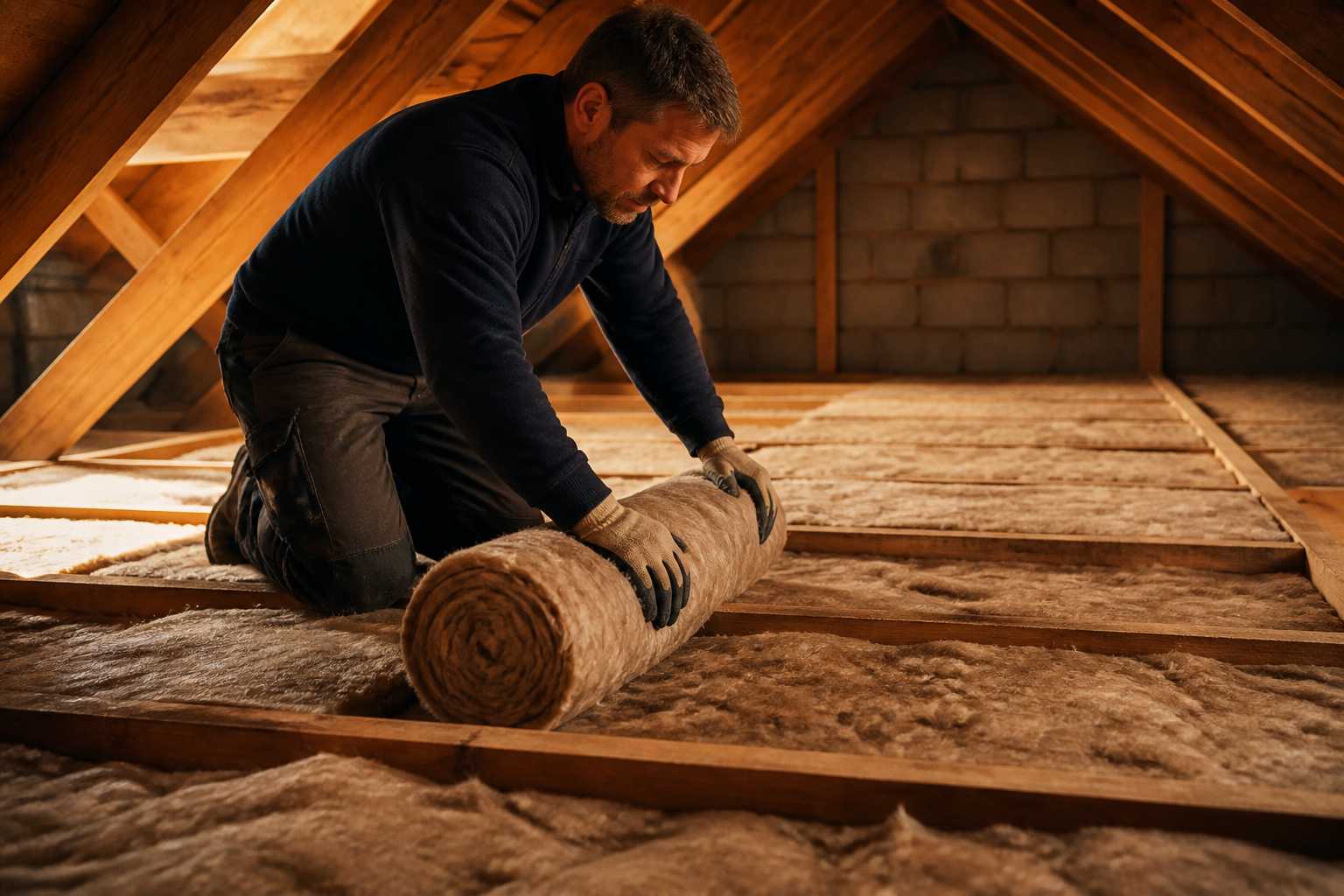 An installer placing mineral wool insulation in a home loft space.