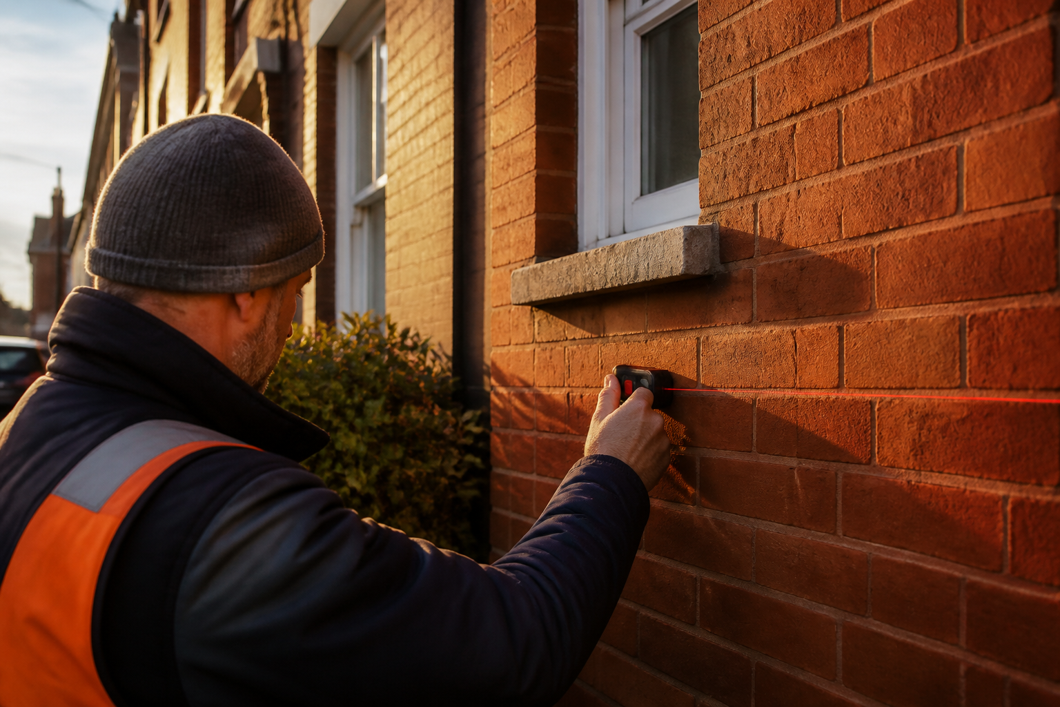A retrofit assessor measuring the wall of a Victorian house in the UK.