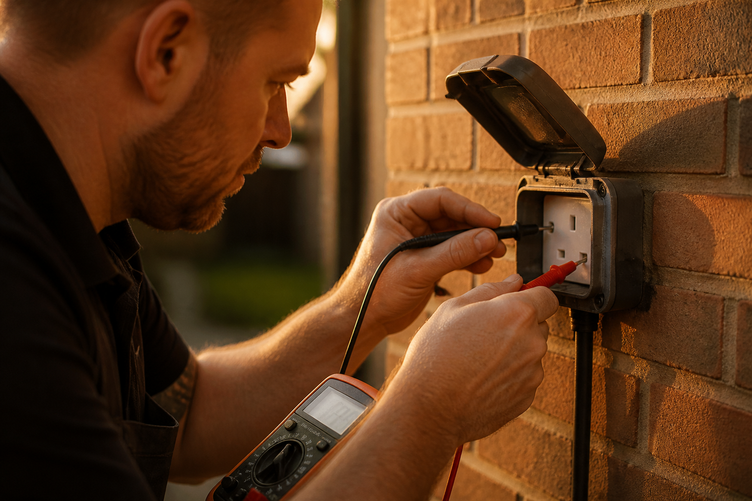 An electrician testing an outdoor IP66 electrical socket on a UK brick exterior wall.