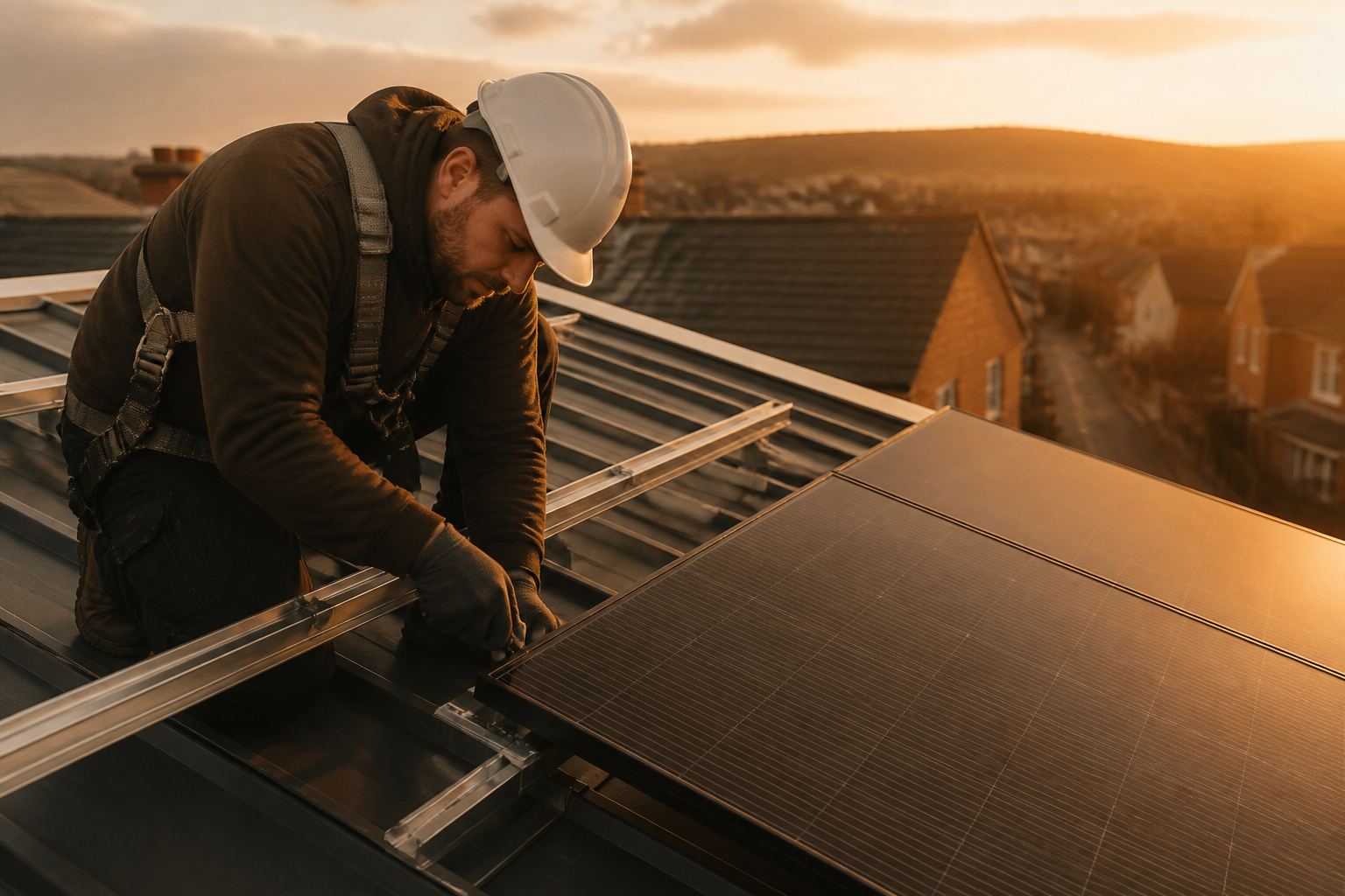 A solar installer mounting a panel on metal roof rails.