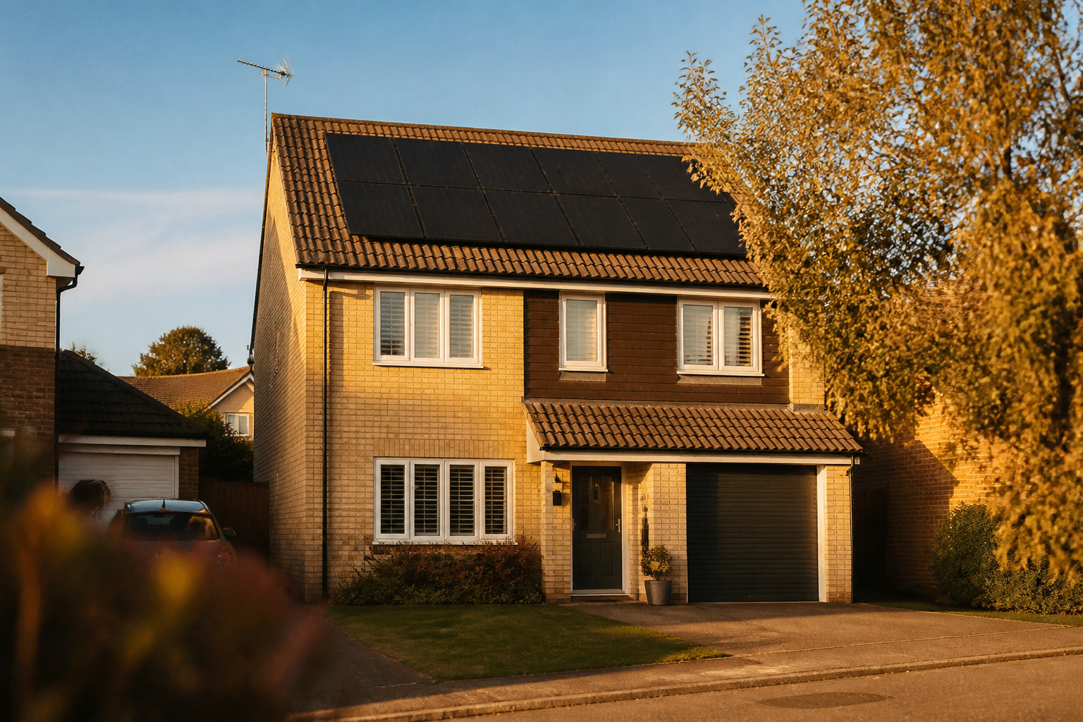 Rooftop solar PV panels installed on a residential house in the UK.