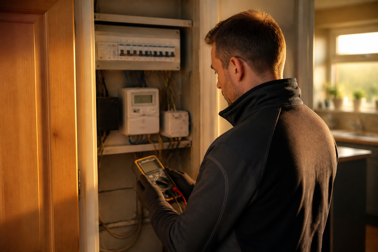 An electrician inspecting an electrical consumer unit inside a UK home.