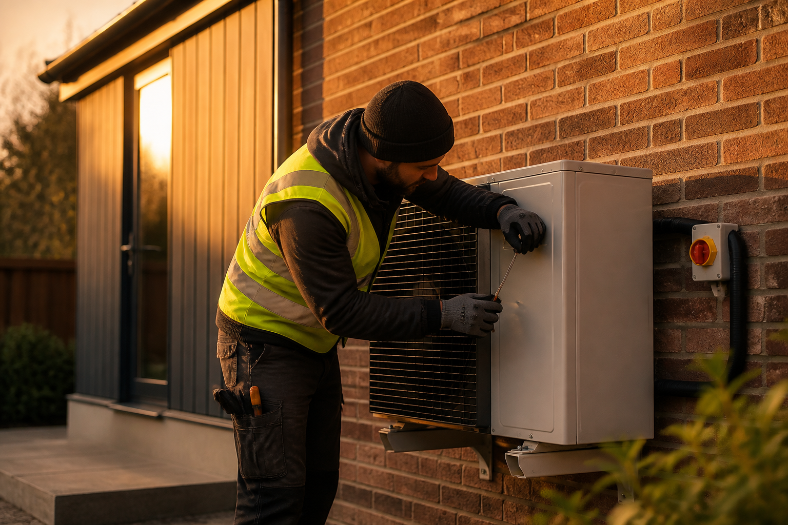 Installer working on an air source heat pump installation outside a modern British home.
