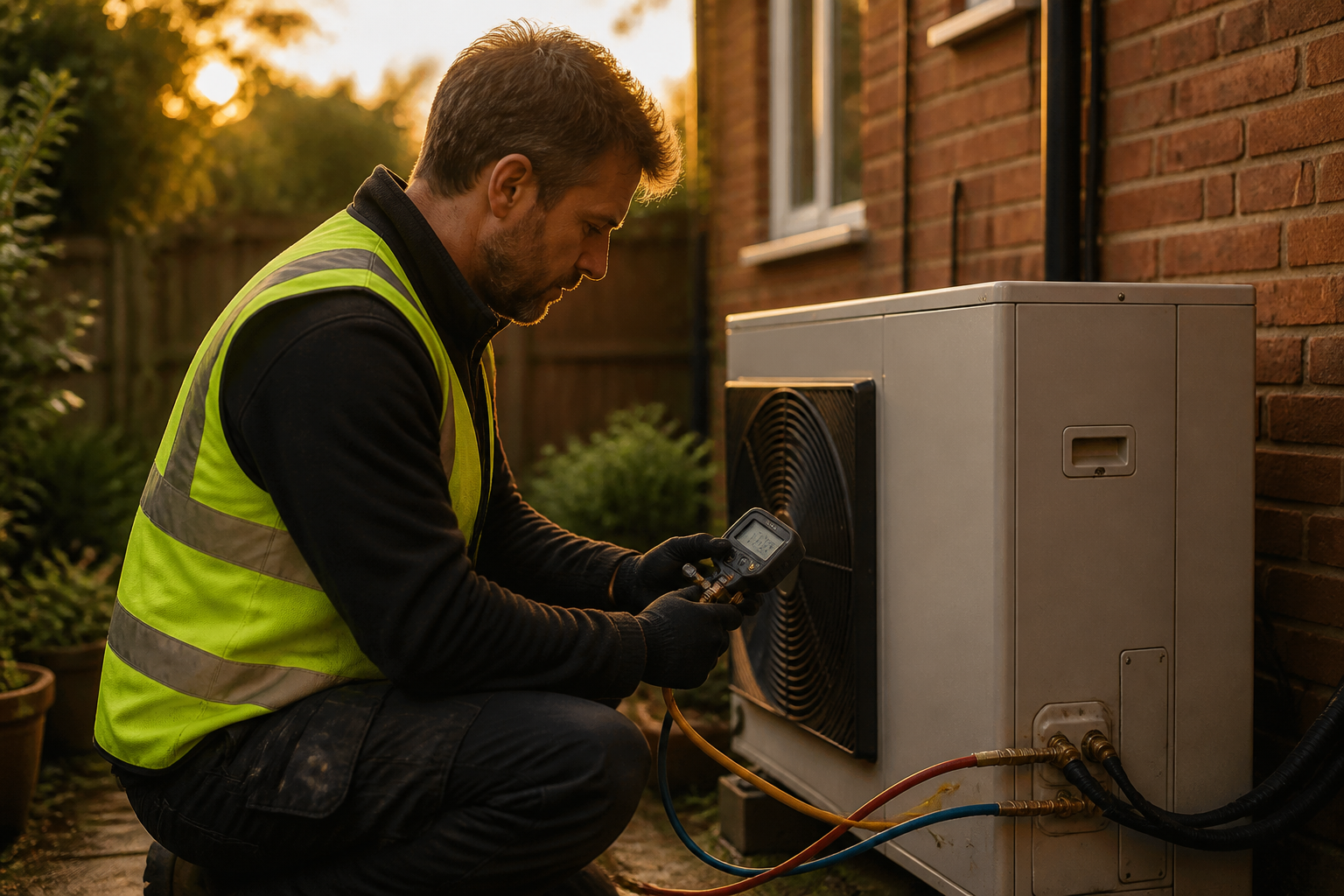 A certified technician inspecting an outdoor heat pump installation in a residential garden.