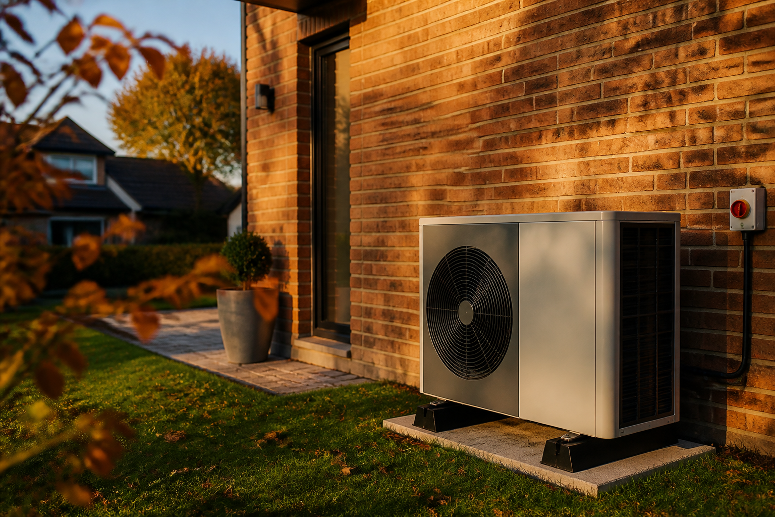 An air source heat pump monobloc unit installed outside a modernised British home.