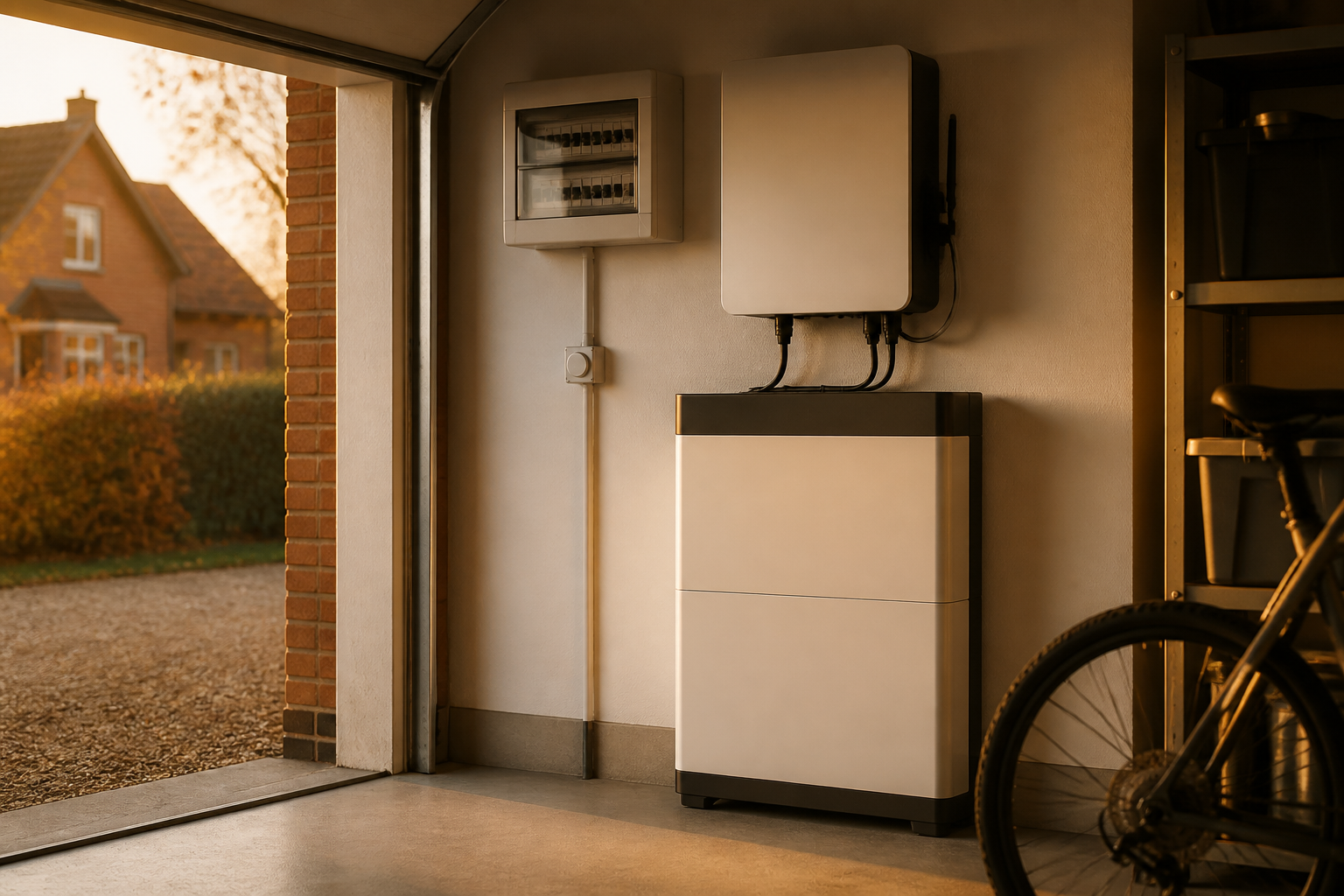 A solar inverter and home battery storage system mounted on a garage wall.