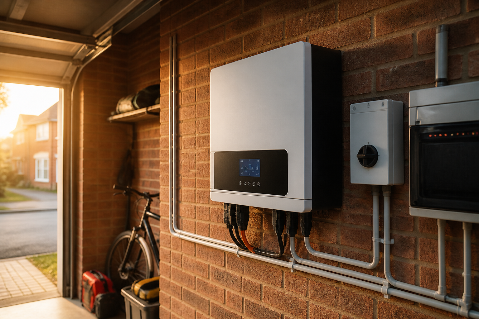 A modern hybrid solar inverter installed on a garage wall in a UK home.